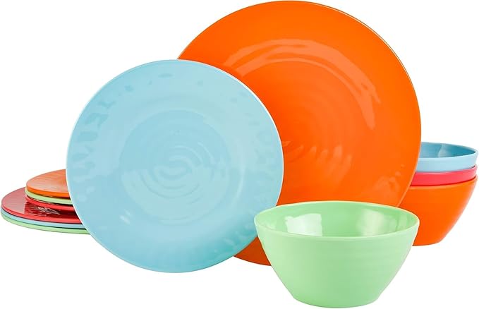 Vibrant 12-Piece Melamine Dinnerware Set – Colorful &amp Durable Plates and Bowls for Indoor &amp Outdoor Dining