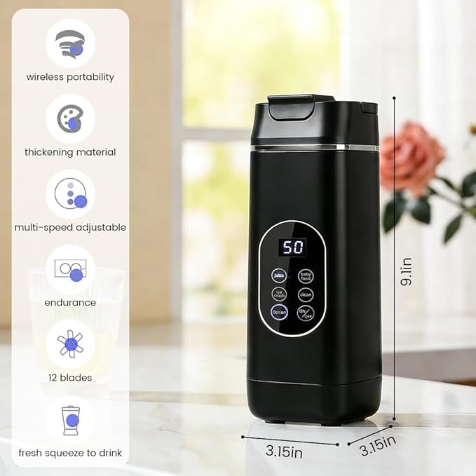 Portable Personal Blender USB Rechargeable with 12 Stainless Steel Blades Mini Blender for Smoothies Travel Gym and Outdoor Adventures