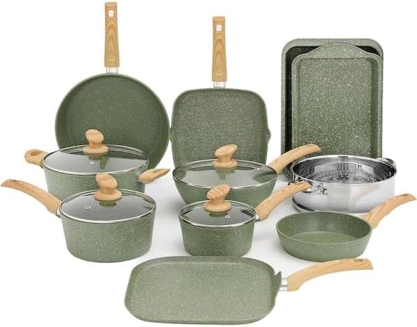 For 17-Piece Assorted Granite Non-Stick Pots and Pans Cookware Set for Kitchen Cooking in Green