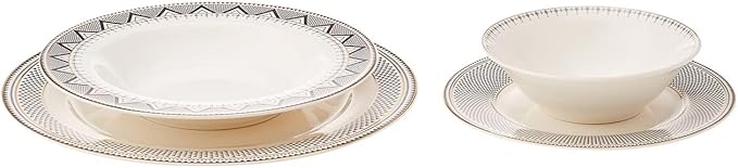 Karaca Globe 24-Piece Dinnerware Set for 6 People - Kitchen Dish Set for Salad Soup Pasta Noodle &amp More - Modern Chic Porcelain Dishware Plate Set (White with Black Triangle Design)
