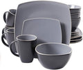 Durable 16 Piece Elegant Square Shape Stoneware Dinnerware Set For 4Soft Matte Glaze Finish | Dishwasher Microwave Oven Safe Stackable | Grey/Black Color Stylish Modern Appearance Sleek Design