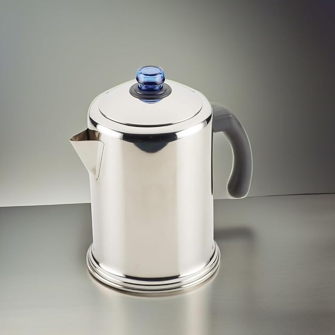 Farberware Classic Stainless Steel Coffee Percolator 12 Cup Silver with Glass Blue Knob 7.28D x 8.86W x 10.83H