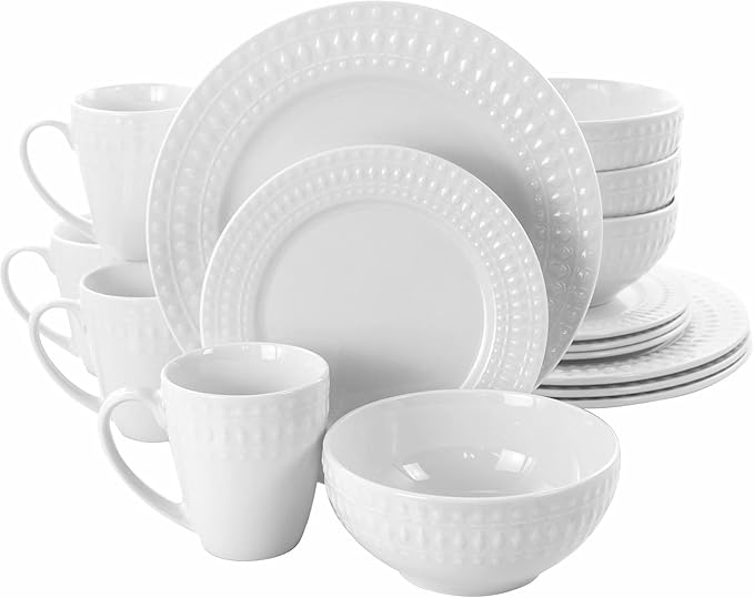 16-Piece Porcelain and Stoneware Dinnerware Set – White or Blue Round Plates and Bowls with Embossed Pattern Microwave &amp Dishwasher Safe Tableware for 4 (White)