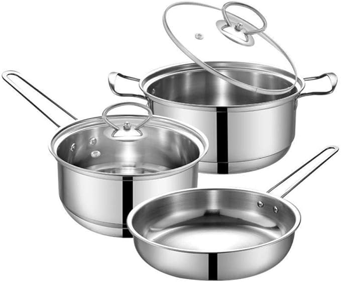 Cooking Pot Pots and Pans3 Piece Non Stick Cookware SetsStainless Steel Induction Cooking Pans Set (24Cm-Frying Pan 22Cm-Saucepan 18Cm-Milk Pan) (Silver Variety Pack)
