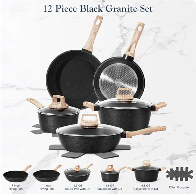 12pcs Pots and Pans Set Non Stick Kitchen Cookware Sets Induction Cookware Nonstick Granite Cooking Set with Frying Pans Saucepans Kitchenwarestock up on specials