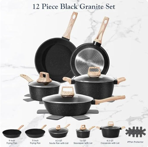 12pcs Pots and Pans Set Non Stick Kitchen Cookware Sets Induction Cookware Nonstick Granite Cooking Set with Frying Pans Saucepans Kitchenwarestock up on specials