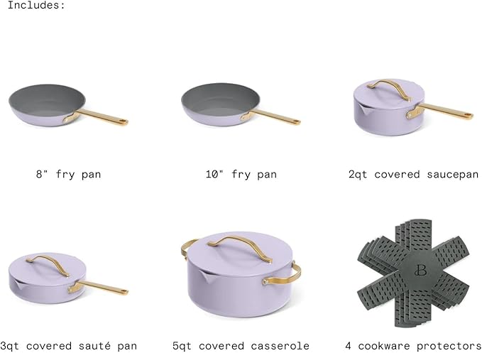 Pans 12pc Ceramic Non-Stick Cookware Set by Drew Barrymore Pots &amp Pans with Lids Dishwasher‑SafeSoft‑Touch Handles Even‑Heat Base. (Lavender)