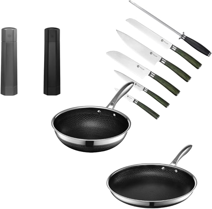 HexClad Hybrid Nonstick 10-Piece Cookware Set with 12 Pan 10 Wok Salt and Pepper Grinder Set and 6-Piece Essential Knife Set Stay-Cool Handles Dishwasher and Oven-Safe Induction Ready