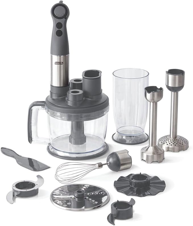 Dash Chef Series Deluxe Immersion Hand Blender 5 Speed Stick Blender with Stainless Steel Blades Dough Hooks Food Processor Grate Mash Slice Whisk Attachments and Recipe Guide – Cool Grey