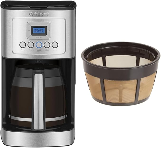 Cuisinart Coffee Maker 14-Cup Glass Carafe Fully Automatic for Brew Strength Control &amp 1-4 Cup Setting Stainless Steel DCC-3200P1 &amp GTF-B Gold Tone Coffee Filter Basket Burr Mill