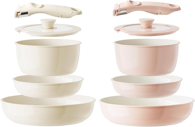 Redchef Ceramic Pots and Pans Set Nonstick Kitchen Cookware Sets Non Toxic Pots and Pans Set Non Stick PFAS PFOA &amp PTFE Free Detachable Handle Pots and Pans 10 Piece (Beige+Pink) RV Cookware