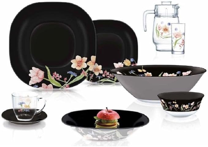 Carina Minuet Black Glass Dinnerware Set of 44 for 6 pers. Dessert Plate Dinner Plate Deep Plate Salad Bowls Decanter with Glass Mug and Saucer