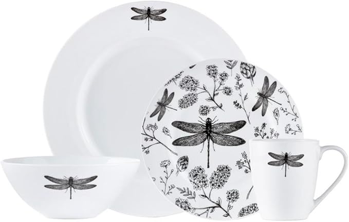 Pemberly Row Contemporary Porcelain Dinner Set 16 Piece Dragonfly