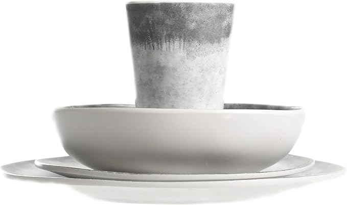 Organic Decal 16 Piece Melamine Dinnerware Set Gray and White Plates Bowls &amp Tumblers Service for 4 Break-Resistant Indoor Outdoor Dining