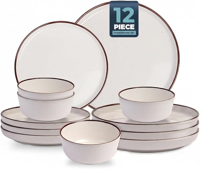 12 Piece Melamine Dinnerware Sets for 4 White Base with Speckles Unbreakable Plates and Bowls Sets Lightweight Shatterproof Durable Dishware for Camping Picnic Party(White)