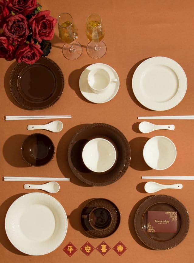 Ceramic Dinnerware Set Brown and White 11-Piece Gift Box Set with 2 Bowls 2 Cups 2 Plates Vintage Embossed Lace Pattern Light Luxury Retro Style