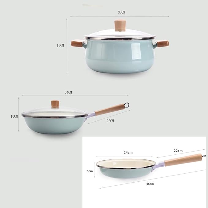 3-Pie cookware Set with Wooden Handle with lid fine Iron Enamel Non-Stick pan Suitable for Gas Induction Cooker Easy to Clean Large pan