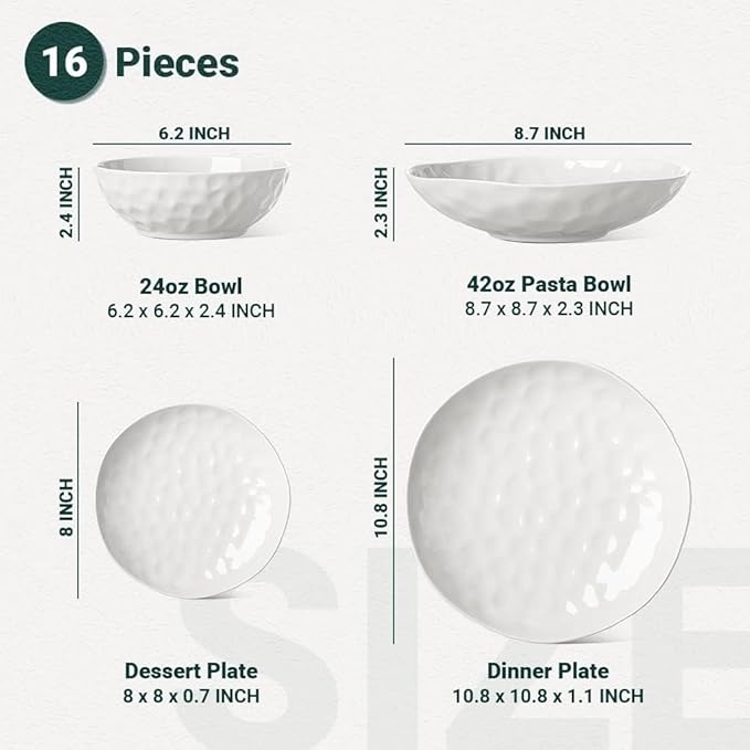 HOMBENE Large Dinnerware Set 16 Piece Service for 4 Bundle with 9.5 Inch Soup Bowls Set of 2