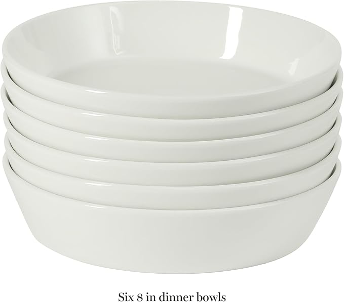 Martha Stewart Selma 6-Piece 41oz 8 Inch Large Pasta Bowls Porcelain Ceramic Chip and Scratch Resistant Shallow Salad Bowl Serving Bowls Soup Bowls Set Dishwasher &amp Microwave Safe White