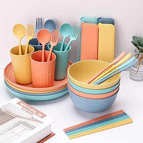 Wheat Straw Bowls Cups And Plates 32-Piece Cutlery Set Wheat Straw Dinnerware Sets 32 Piece Unbreakable Wheat Straw Dinnerware Sets Reusable Wheat Straw Plates And Bowls Sets (Orange)