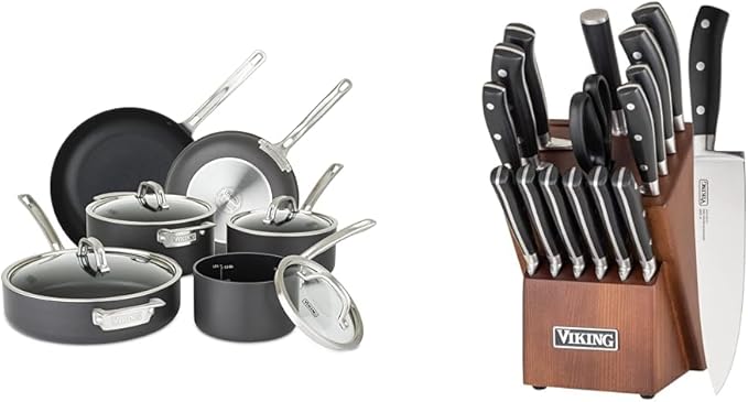 Viking 10 Piece Hard Anodized Nonstick Cookware Set with 17 Piece Cutlery Set with Light Walnut Color Block