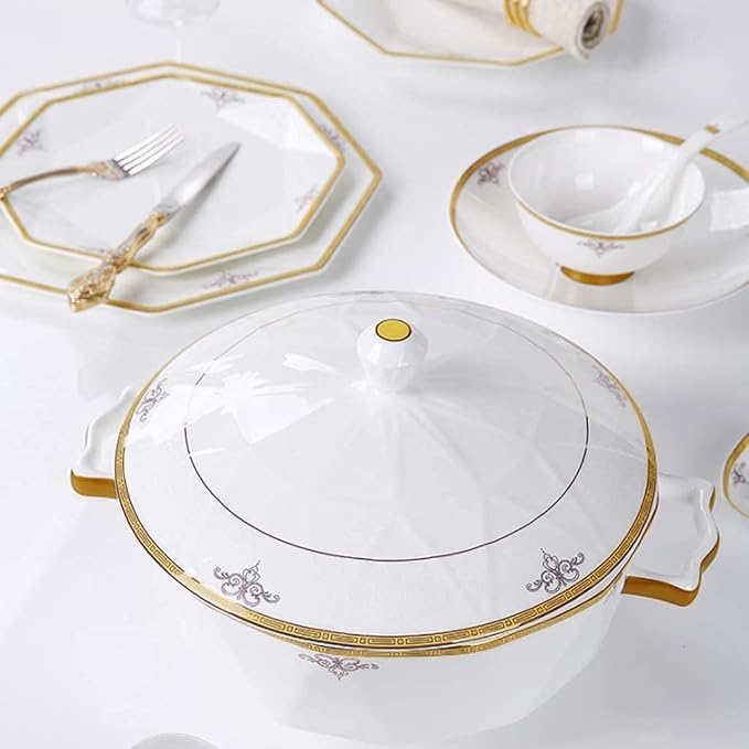 Dinnerware Sets - Luxury Gift Dishes Service Set Ceramics Dinnerware Set with 56 Pieces Bowl/Dish/Soup Pot/Spoon|Bone China Dinner Sets Octagonal Fold Design Porce