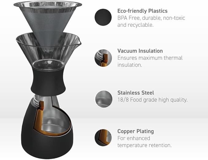 asobu Insulated Pour Over Coffee Maker (32 oz.) Double-Wall Vacuum Stainless-Steel Filter and Take on the Go Carafe (Burgundy)
