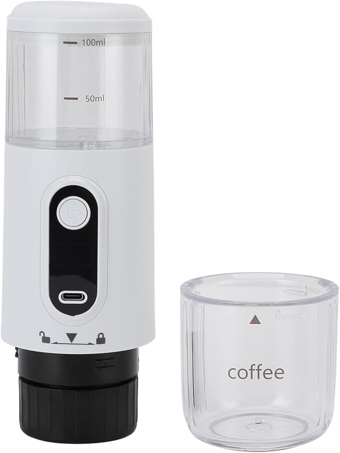 Portable Coffee Maker Self Heating Type C Rechargeable Handheld Capsule Coffee Maker Machine Ground Coffee Capsules 100ml Stable Pressure 2500mAh Battery (White)