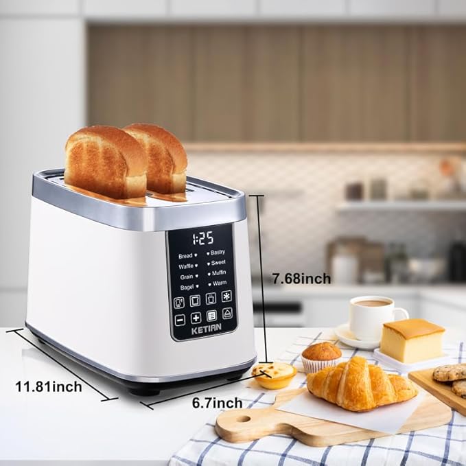 Smart Touch Screen Toaster 2 Slice KETIAN Automatic Digital Stainless Steel Toaster7 Bread TypesSingle Slot Tech7 Browning SettingsRemovable Crumb Tray1400W (White)