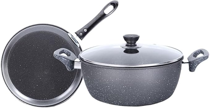 2-Piece Non-Stick Cookware Set Soup Pot with Lid &amp Frying Pan Medical Stone Coating Refined Iron Body Dishwasher Safe Induction Compatible
