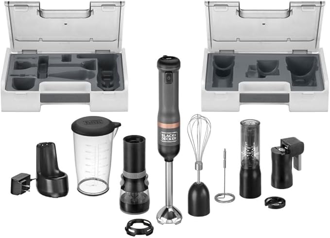 BLACK+DECKER Kitchen Wand Cordless Immersion Blender 6 in 1 Multi Tool Set Hand Blender with Charging Dock Grey (BCKM1016KS01)