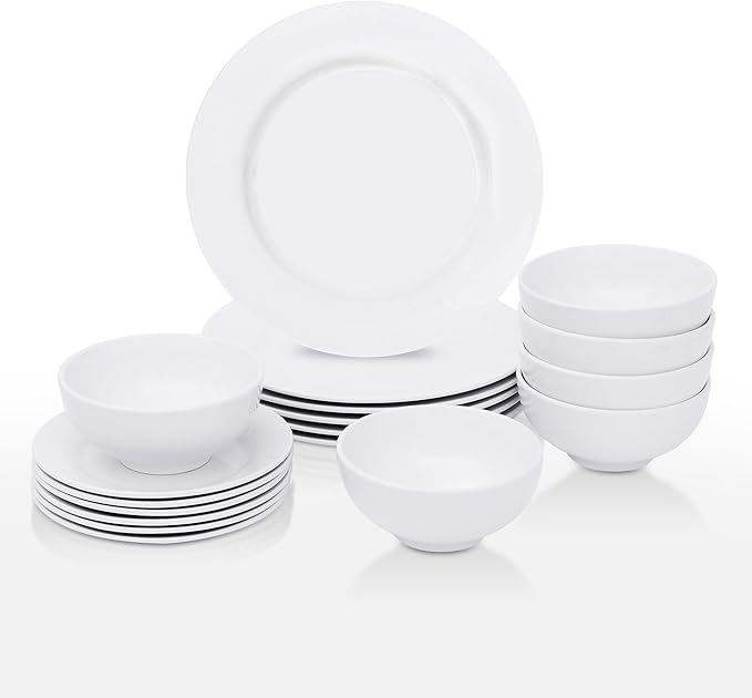 SUPER DEAL Round 18-Piece White Kitchen Dinnerware Set Service for 6 Plates and Bowls – Microwave Oven and Dishwasher Safe