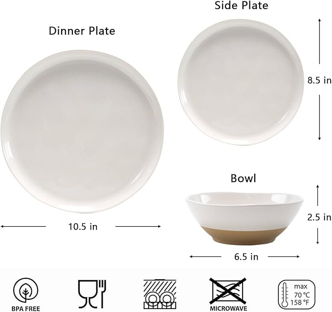 FINE&ampNICE Melamine Dinnerware Sets of 12 Pcs Kitchen Plates and Bowls Set for 4 Unbreakable Dishware Sets for Patio RV and Camping Dishwasher Safe (White with Brown)