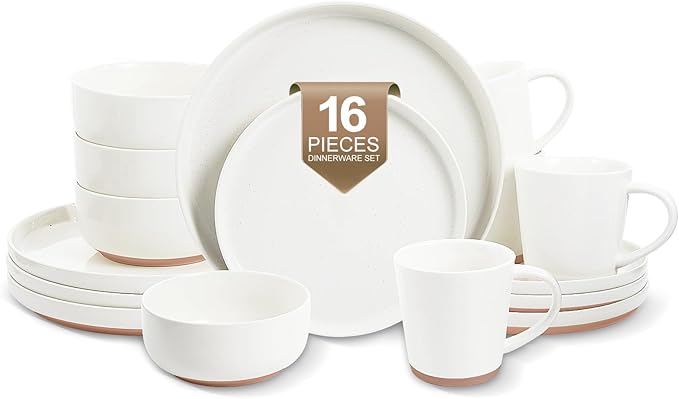 EWFEN 16-Piece Ceramic Dinnerware Sets with Mugs for 4 Handpainted Plates and Bowls Set with Rustic Terracotta Underside Scratch Resistant Dishes Set Dishwasher &amp Microwave Safe