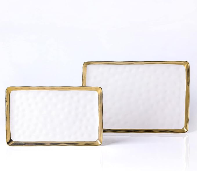Stone Lain Florian Porcelain Large and Medium Rectangle Service Platters White with Gold Rim