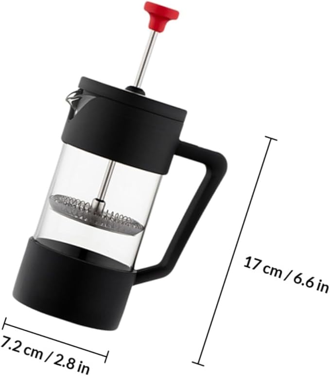 Stainless Steel Manual Press Coffee Maker 350ml Glass Pot with Red Lid Tea Kettle for Home Brewing and Travel