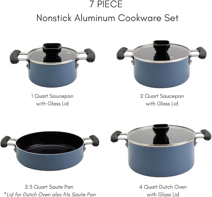 Denmark Tools for Cooks 7 Piece Ceramic Nonstick Aluminum Nesting Cookware Set Pots Pans Blue