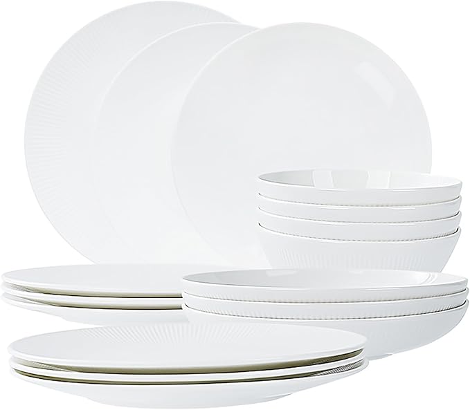 Dandilion Bone China Dinnerware Set 16 Pieces Service for 4 Plates Dishes Bowls Set Microwave and Dishwasher Safe Ivory White with Radial Lines