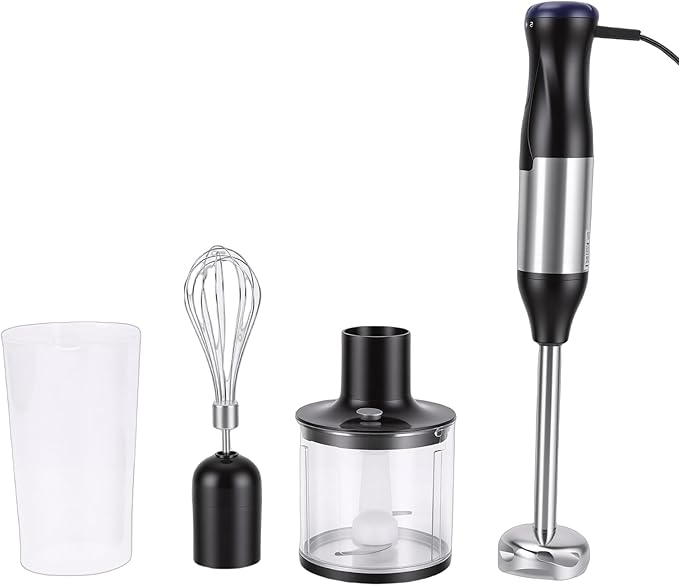 Brrnoo Hand Blender 4 in 1 Immersion Blender with 20 Speeds Stainless Steel Food Processor Egg Whisk 24oz Blending Cup 17oz Chopping Bowl Boost Button for Protein Shakes Soups (US Plug 110V)