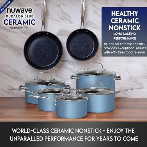 Nuwave Healthy Duralon Blue Ceramic Nonstick Cookware Set Diamond Infused Scratch-Resistant PFAS Free Dishwasher &amp Oven Safe Induction Ready &amp Evenly Heats Tempered Glass Lids &amp Stay-