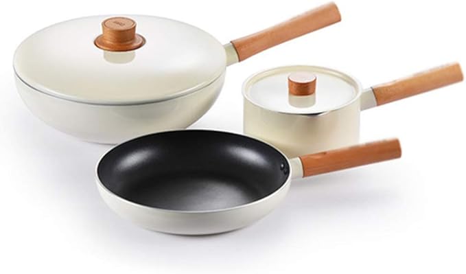 Cookware Set Flat-Beneath Non-Stick Pan with Lid Wooden Handle Aluminum Three-Piece Set Suitable for and Cooker Easy to Clean Pot Set