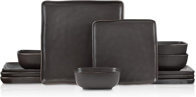 Stone Lain Jonny Stoneware 12 Piece Dinnerware Set Home Kitchen Modern Square Dish Set with Dinner Plates Salad Plates &amp Bowls Brown