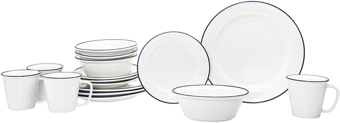 Bistro Blue Rim Porcelain 16 Piece Dinnerware Set Service for 4 Solid Country Round 12 Dishwasher Safe