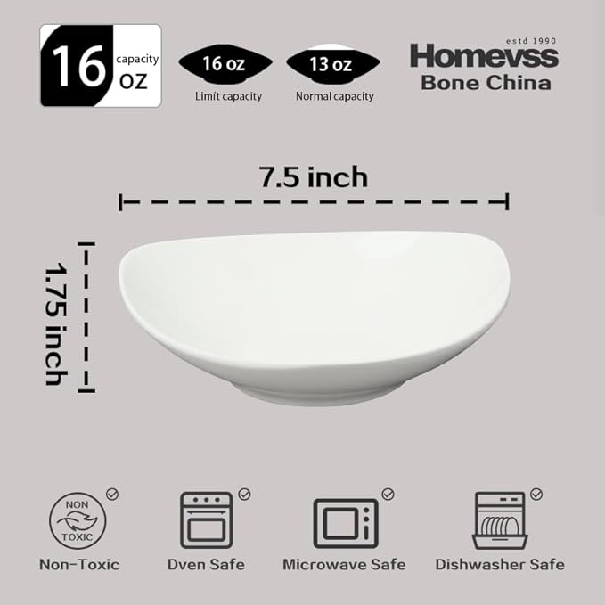 Bone China Triangular Shape Elegance White Soup Bowl 16oz 7.5inch x 7.5inch Set of 6