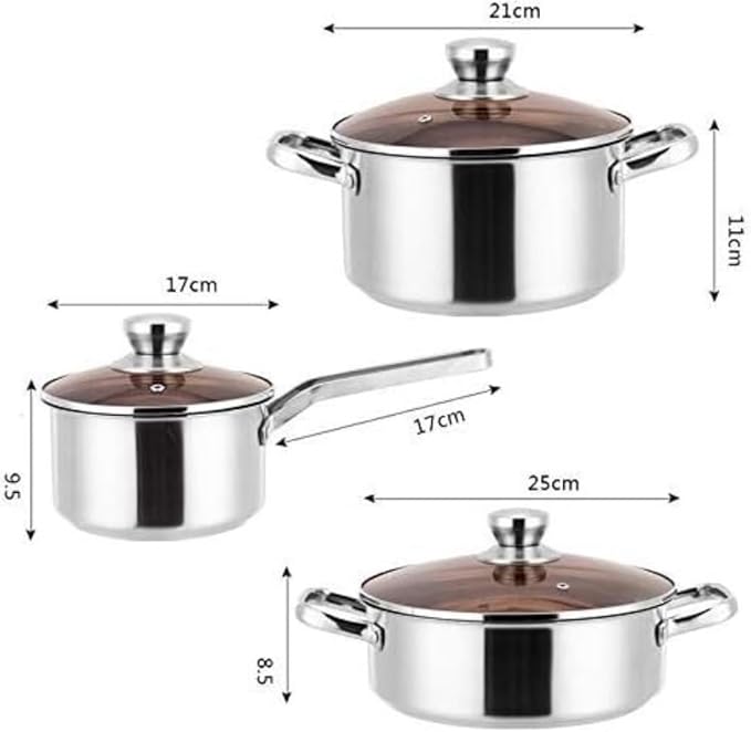 Cookware Set Pots and Pans Set 3 Pcs Set Thicken Stainless Steel Cooking Soup Pot Nonstick Milk Pan Saucepan Glass Lid Cooking Pot Set Cooking Pan Set