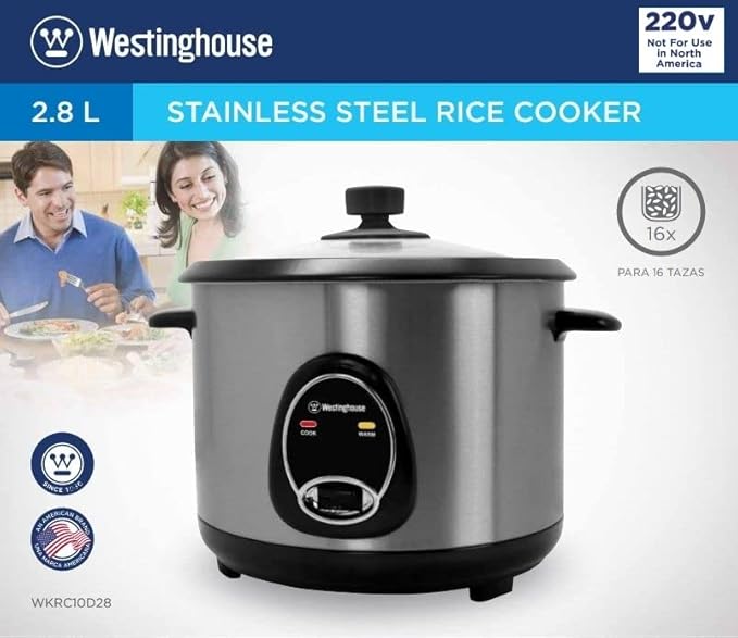 Westinghouse 220 Volts Rice Cooker 16 Cup Non Stick Cooking Pot Measuring Cup Keep Warm Function-Stainless Steel-1000W (NOT FOR USE IN USA)