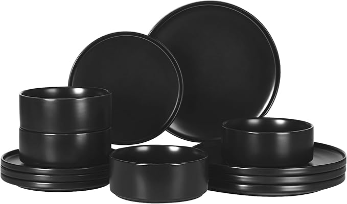 GZG Classic Series - Plates and Bowls Set for 4 12 Piece Stoneware Dinnerware Sets Microwave and Dishwasher Safe Lead-Free Handcrafted Ceramic Dishes Set - Matte Black