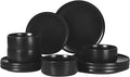 GZG Classic Series - Plates and Bowls Set for 4 12 Piece Stoneware Dinnerware Sets Microwave and Dishwasher Safe Lead-Free Handcrafted Ceramic Dishes Set - Matte Black