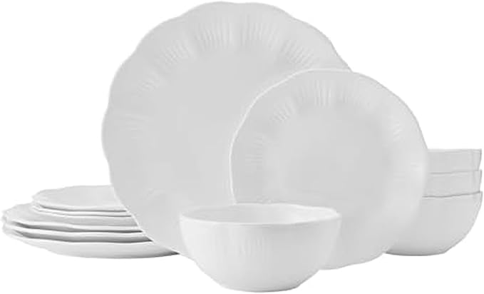 Mikasa Flora Scalloped Lightweight Chip Resistant Bone China 12 Piece Plate Bowl Dinnerware Set Service for 4 White