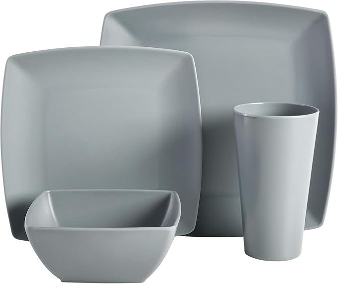 16-Piece Square Melamine Dinnerware Set – Lightweight Break-Resistant Plates Bowls &amp Tumblers Dishwasher Safe Tableware for Indoor &amp Outdoor Dining (Grey)
